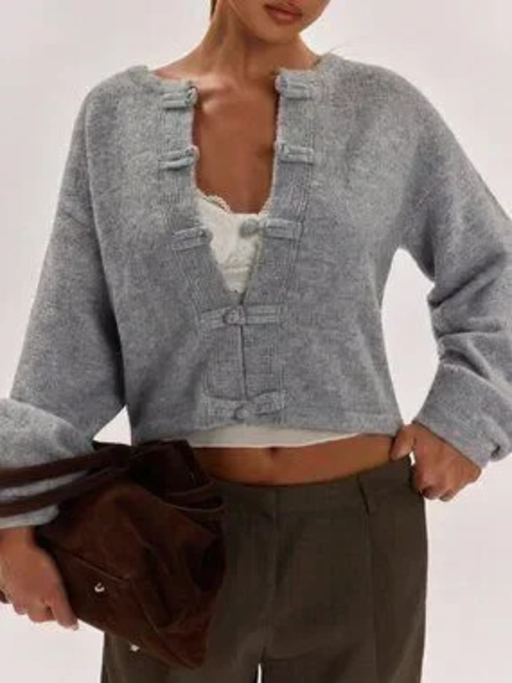 Grey Casual Women's Regular Frog Button Batwing Sleeve Long Sleeve Cardigan